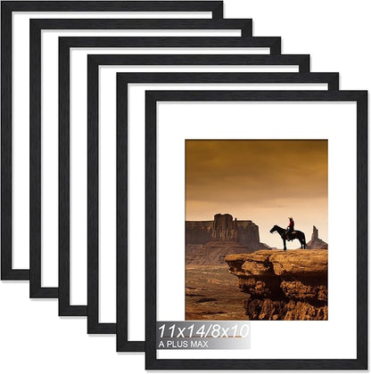 A PLUS MAX 11x14 Picture Frame Set of 6, Engineered Wood Frame Display Photo 8x10 with Mat or 11 x 14 without Mat, 11by14 Frame with Black Wood Grain for Wall - 6 Pack/Black/11 x14