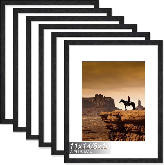 A PLUS MAX 11x14 Picture Frame Set of 6, Engineered Wood Frame Display Photo 8x10 with Mat or 11 x 14 without Mat, 11by14 Frame with Black Wood Grain for Wall - 6 Pack/Black/11 x14