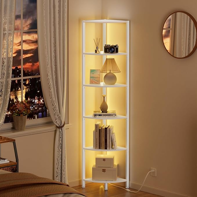 Furnulem 6 Tier Corner Shelf with LED Light, 67.5” Tall Standing Shelf Organizer, White Narrow Bookshelf with Storage Rack for Wall Corner, Living Room, Bedroom, Metal Frame, Wood Display Shelf