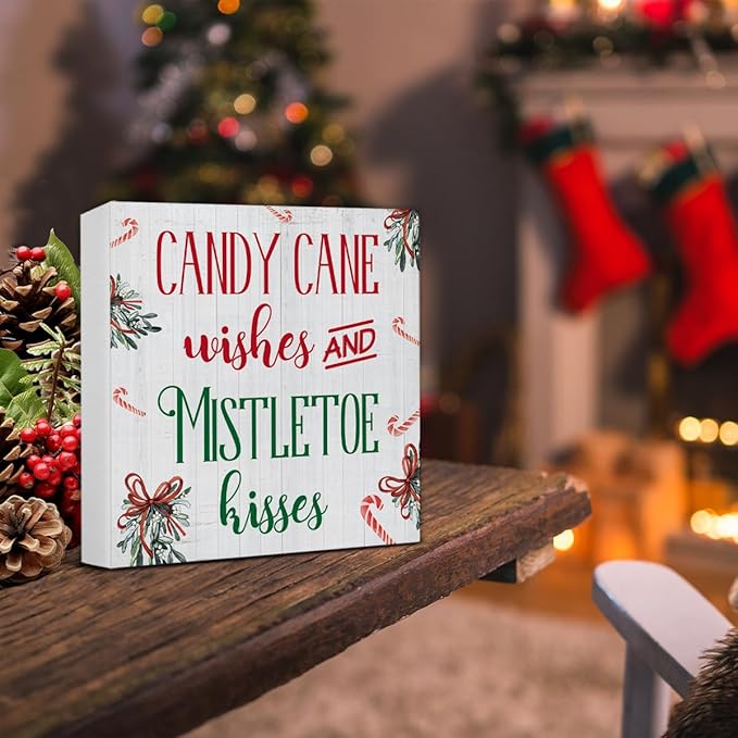 Funny Christmas Decor, Indoor Christmas Decorations, Candy Cane Wishes and Mistletoe Kisses Wooden Sign Rustic Home Shelf Desk Decor 5 x 5 Inches