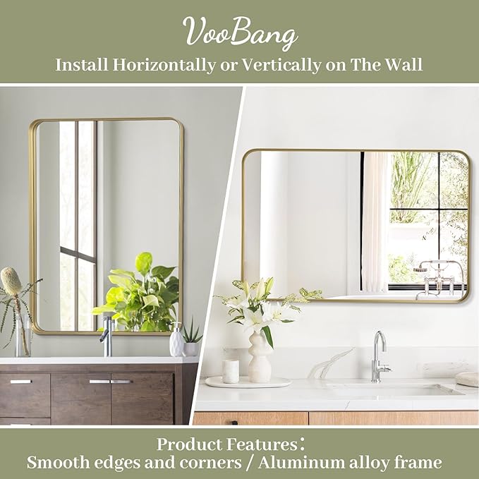 VooBang Bathroom Mirror 20x30 inch, Gold Gorgeous Deep Frame Wall Mirror, Modern Round Corner Bathroom Vanity Mirror for Bedroom, Living Room, Hanging or Leaning Horizontal or Vertical, Gold