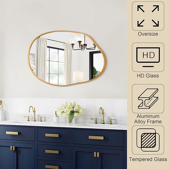 Irregular Wall Mirror Asymmetrical Bathroom Mirror Decorative 18"x26" Gold Asymmetrical Mirrors Aviation Aluminum Alloy Frame for Bathroom, Bedroom, Living Room, Entryway