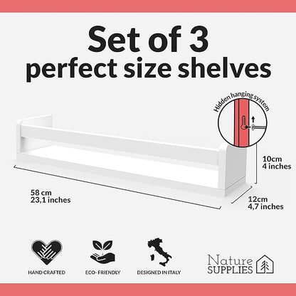 NATURE SUPPLIES Set of 3, 23.1 Inches, Natural Wood Floating Shelves for Wall, Kids Bookshelf for Bedroom, Nursery Storage, Decorative Wall Shelves for Kids Rooms - White