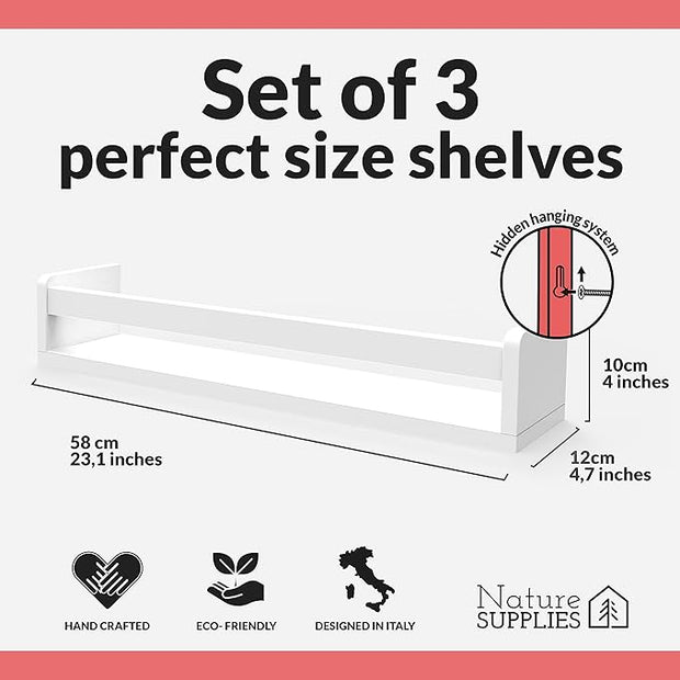 NATURE SUPPLIES Set of 3, 23.1 Inches, Natural Wood Floating Shelves for Wall, Kids Bookshelf for Bedroom, Nursery Storage, Decorative Wall Shelves for Kids Rooms - White