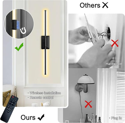 Battery Operated Wireless Wall Sconce - Modern Rechargeable Led Sconces in Black Gold Silver - Bedroom Decor Stick On Lights Set of 1 - Long Indoor Living Room Bathroom Remote Wall Light