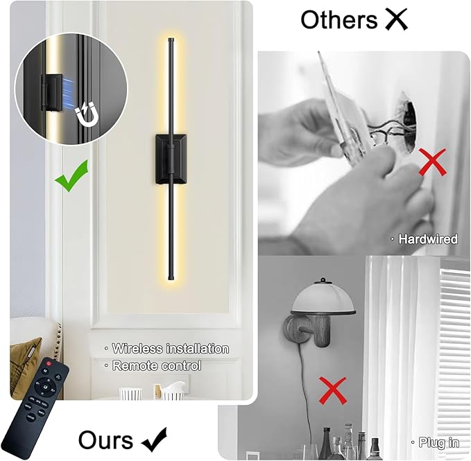 Battery Operated Wireless Wall Sconce - Modern Rechargeable Led Sconces in Black Gold Silver - Bedroom Decor Stick On Lights Set of 2 - Long Indoor Living Room Bathroom Remote Wall Light