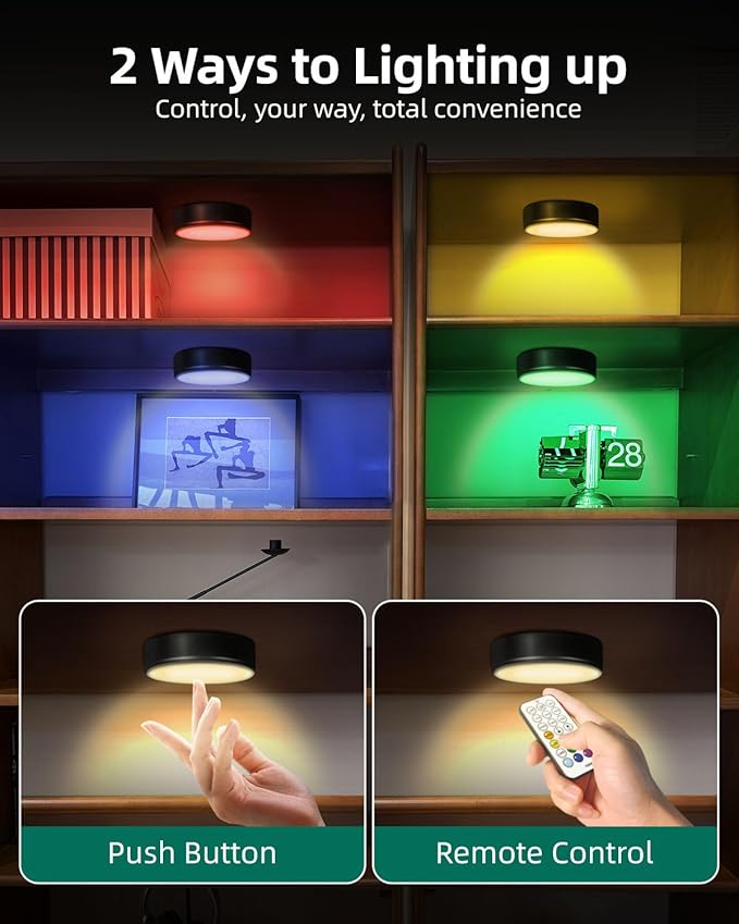 4-Pack Puck Lights with Remote, 1800mAh Rechargeable Under Cabinet Lighting, 3 Color Temps & 7 RGB Colors, Long-Lasting Dimmable Stick-On Lights for Cabinet, Kitchen, Shelf, Party