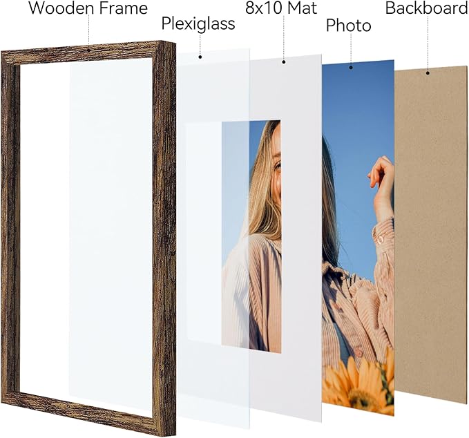 Vittanly 11x14 Picture Frames Set of 4, Display Pictures 8x10 with Mat or 11x14 without Mat, Gallery Frame for Wall or Tabletop Display, Engineered Wood with Shatter Resistant Plexiglass, Rustic Brown