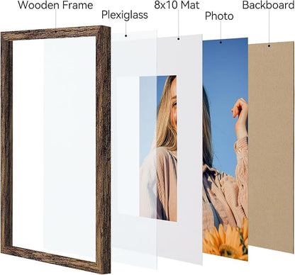 Vittanly 11x14 Picture Frames Set of 4, Display Pictures 8x10 with Mat or 11x14 without Mat, Gallery Frame for Wall or Tabletop Display, Engineered Wood with Shatter Resistant Plexiglass, Rustic Brown