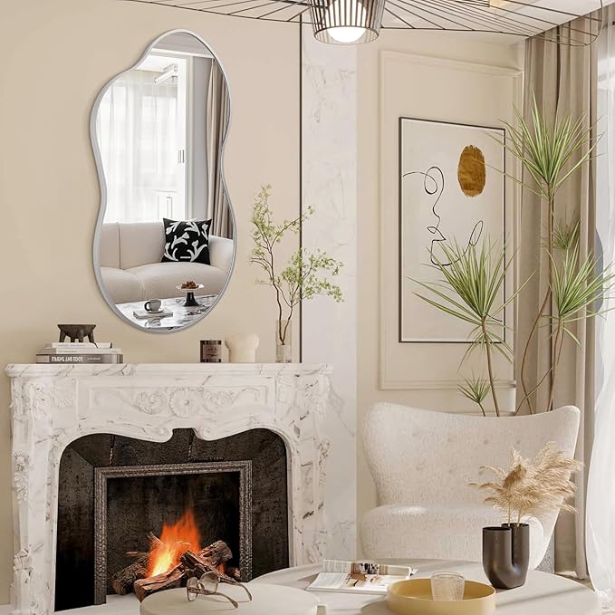 JJUUYOU Bathroom Wall Mirror Irregular Mirrors for Wall Large Brushed Metal Frame 22"x40" Vanity Wall Mounted Mirror for Living Room Bedroom Entryway Vanity Home Decor Silver