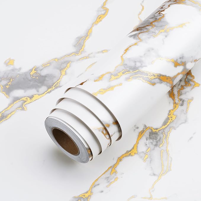 LACHEERY Thick White Marble Peel and Stick Wallpaper White and Gold Wallpaper for Kitchen Accent Wall Paper Counter Cover Peel and Stick Countertop Contact Paper Waterproof Matte Marble Roll 12"x160"