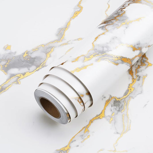 LaCheery Marble Contact Paper 160 x 36 Inch Wide White and Gold Marble Countertop Peel and Stick Waterproof Contact Paper Marble Wallpaper Peel and Stick for Wall Countertops Desk Removable Vinyl Roll
