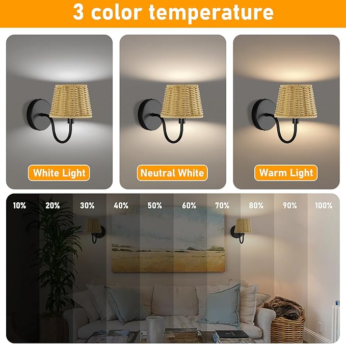 Battery Operated Wall Sconce Set of 2, Rechargeable Wireless Sconces with Dimmable Detachable Magnetic Bulbs and Remote, 3 Colors Wall Lights for Bedroom Living Room Hallway Fireplace