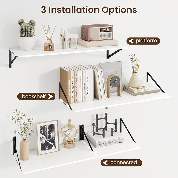 Fun Memories Floating Shelves for Wall, 12 Inch Deep Floating Shelves Set of 2, 24W x 12D Large Wall Shelf with Sturdy Metal Brackets for Living Room, Bathroom, Bedroom and Kitchen, White