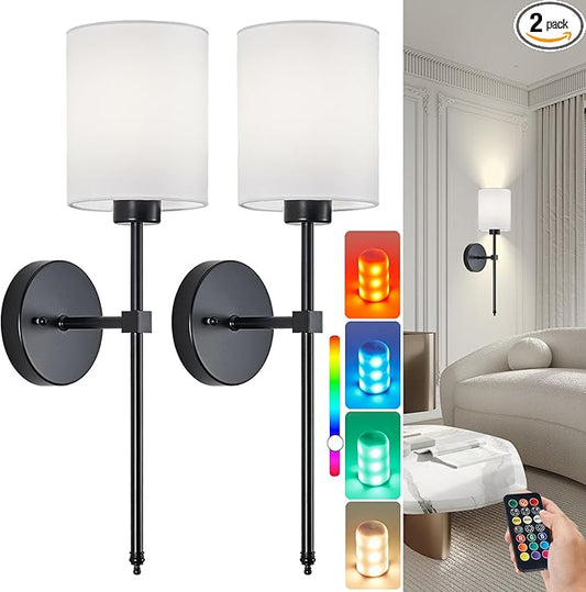 Battery Operated Wall Sconce Set of 2, Black Rechargeable Wall Lights with Remote Control and Dimmable LED Bulbs, 13 Light Colors Wireless Wall Lamps for Bedroom Living Room Hallway (Black)