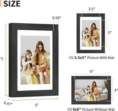 4x6 Picture Frame Set of 4, Displays 3.5x5 with Mat or 4x6 Without Mat, Photo Frames for Wall Hanging or Tabletop, Includes HD Plexiglass, Black