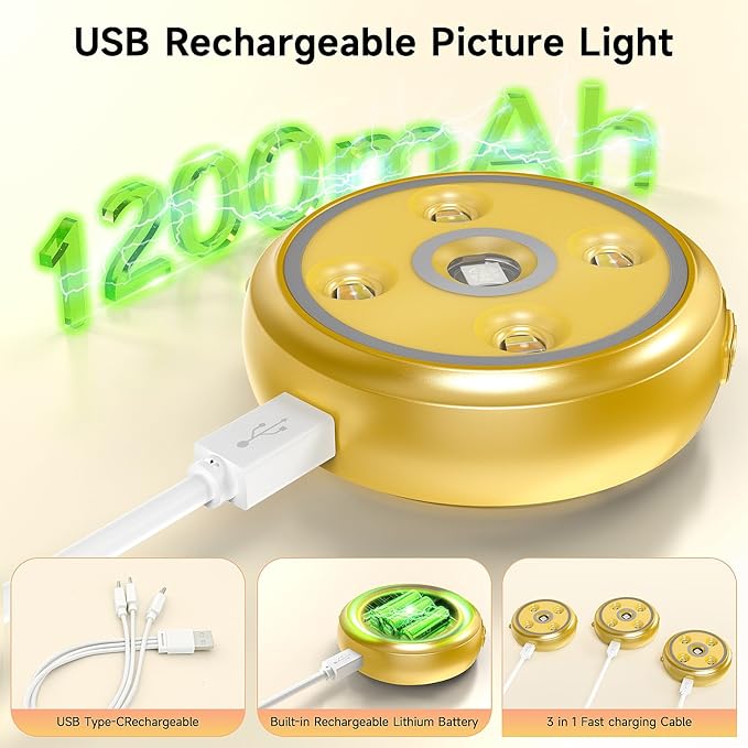 3 Pack Picture Light for Wall with 1200mAh Rechargeable Battery Operated Lights Remote Dimmable Timer Painting Light Magnetic 3 Adjustable Lighting RGB Modes Wall Decor Lights for Living(Gold)