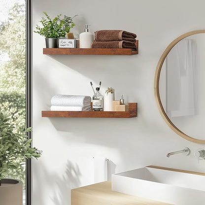 Muzilife 12" Small Floating Wall Ledge Shelves with Lip - Set of 2 Wood Floating Shelves - Honey Brown Wall Mounted Picture Ledge for Office, Bathroom, Bedroom, Living Room, Kitchen