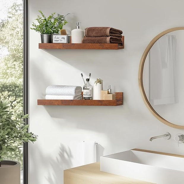 Muzilife 12" Small Floating Wall Ledge Shelves with Lip - Set of 2 Wood Floating Shelves - Honey Brown Wall Mounted Picture Ledge for Office, Bathroom, Bedroom, Living Room, Kitchen