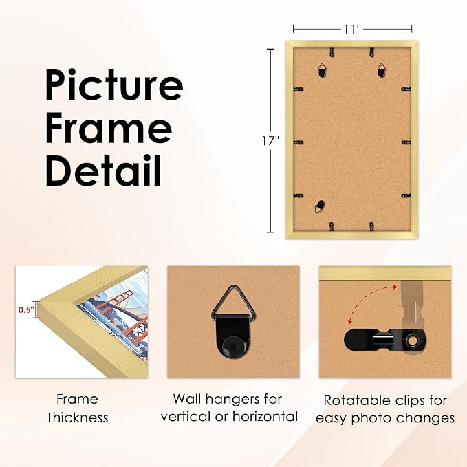 FIXSMITH 11x17 Picture Frame Gold Set of 4, Photo Frame with HD Plexiglass, Display Pictures 9x15 with Mat or 11x17 Without Mat, Gold Picture Frames Collage Wall Decor, Gallary Wall Frame