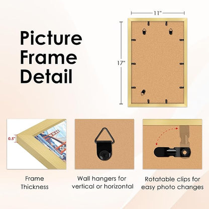 FIXSMITH 11x17 Picture Frame Gold Set of 4, Photo Frame with HD Plexiglass, Display Pictures 9x15 with Mat or 11x17 Without Mat, Gold Picture Frames Collage Wall Decor, Gallary Wall Frame