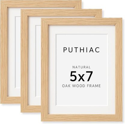 puthiac 5x7 Solid Oak Wood Picture Frame, Fits 4x6 with Mat or 5x7 Without Mat, Wall or Tabletop Display with Stand, Vertical or Horizontal, Plexi Front, 3 Pack, Natural Oak