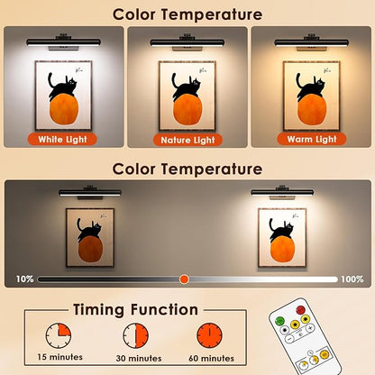 Picture Light for Wall with Remote, Wireless Battery Operated Wall Lights with 3 Colors Dimmable & Timer, 12.6" Rechargeable Metal Wall Sconce for Living Room, Artwork Gallery Display, Black-2Pack