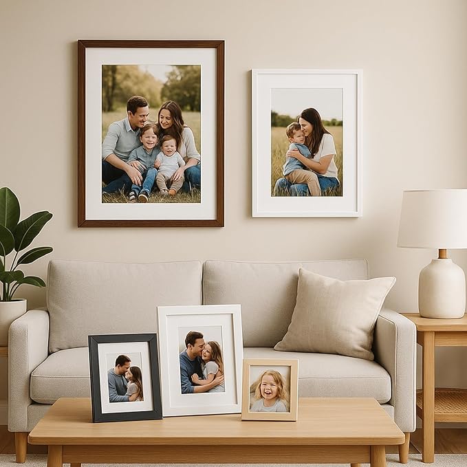 puthiac 8x12 Solid Oak Wood Picture Frame, Fits 6x8 with Mat or 8x12 Without Mat, Wall or Tabletop Display with Stand, Vertical or Horizontal, Plexi Front, 1 Pack, White