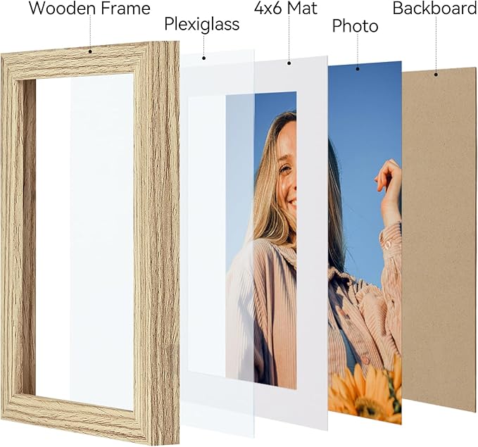 Vittanly 5x7 Picture Frame Set of 4, Display Pictures 4x6 with Mat or 5x7 without Mat, Small Photo Frames for Wall or Tabletop Display, Engineered Wood with Shatter Resistant Plexiglass, Natural
