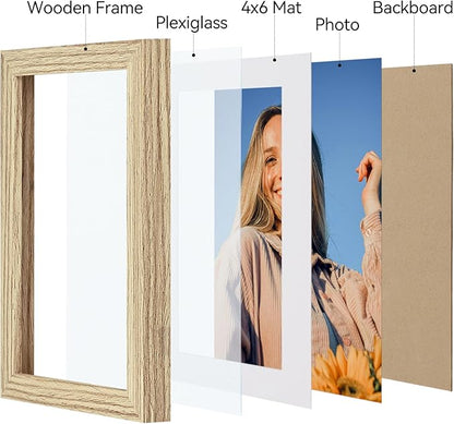 Vittanly 5x7 Picture Frame Set of 4, Display Pictures 4x6 with Mat or 5x7 without Mat, Small Photo Frames for Wall or Tabletop Display, Engineered Wood with Shatter Resistant Plexiglass, Natural