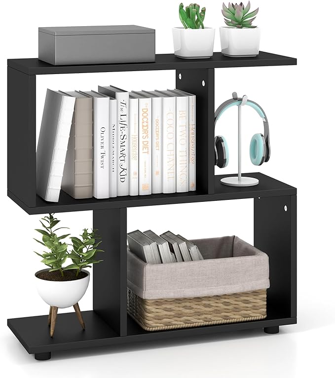 Tangkula 2 Tier Geometric Bookshelf, Freestanding Wood Display Shelf, Home Office Room Divider S Shaped Open Bookcase, Small Bookshelf for Small Spaces, Living Room, Study (Black, 1)