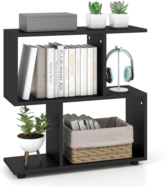 Tangkula 2 Tier Geometric Bookshelf, Freestanding Wood Display Shelf, Home Office Room Divider S Shaped Open Bookcase, Small Bookshelf for Small Spaces, Living Room, Study (Black, 1)