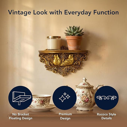 American Art Decor Vintage Ornate Resin Birds Scroll Manor Floating Wall Mounted Shelf in Antique Gold - Rococo Baroque Shabby Chic Ledge Display Shelf for Small Decor, Keys, Plants & Keepsakes