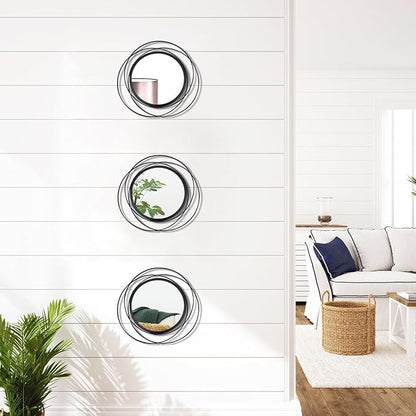 3 Set 9.5 Inch Black Circle Mirrors Wall Decor Iron Frame Wire Mirror Metal Circular Mirror Home Decor Hanging Mirrors for Room/Bedroom/Bathroom/Entryway