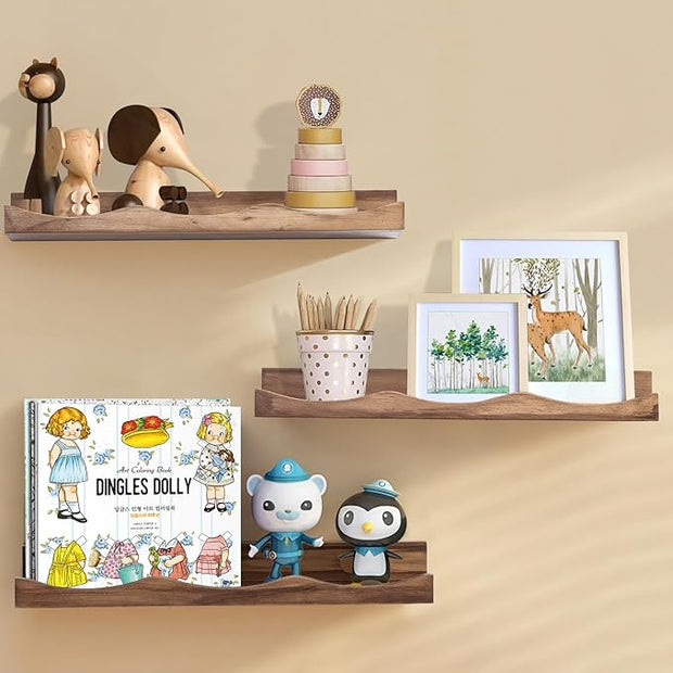 AZSKY Floating Bookshelf for Kids, Floating Shelves for Wall, Cloud Picture Ledge Shelf - Walnut, 15.7 Inches, Nursery Book Shelves Set of 3, Baby Book Shelf for Baby & Toddler Room Decor