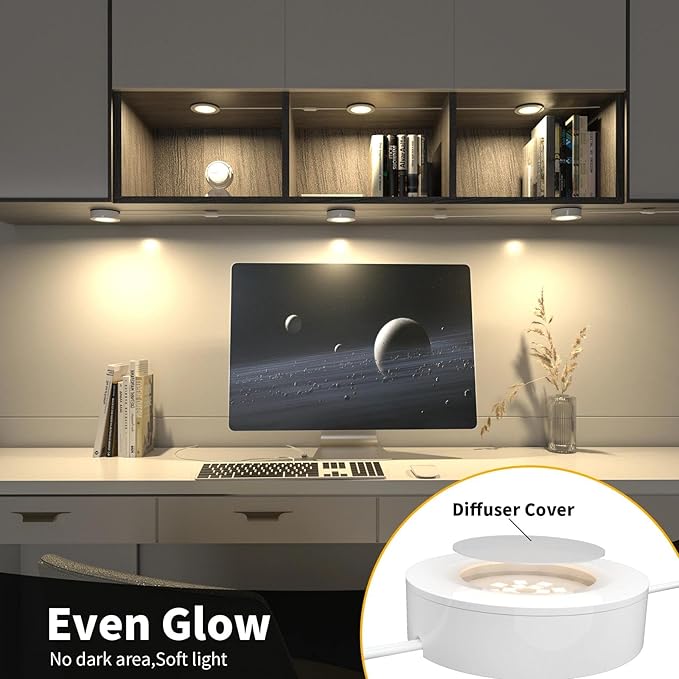 WOBANE Hardwired Under Cabinet Lights,Linkable LED Puck Lighting with Switch,DIY Under Counter Light for Kitchen,Showcase,Bookcase,Recessed&Wall Plug in,Natural White 4000K,120V,Set of 3