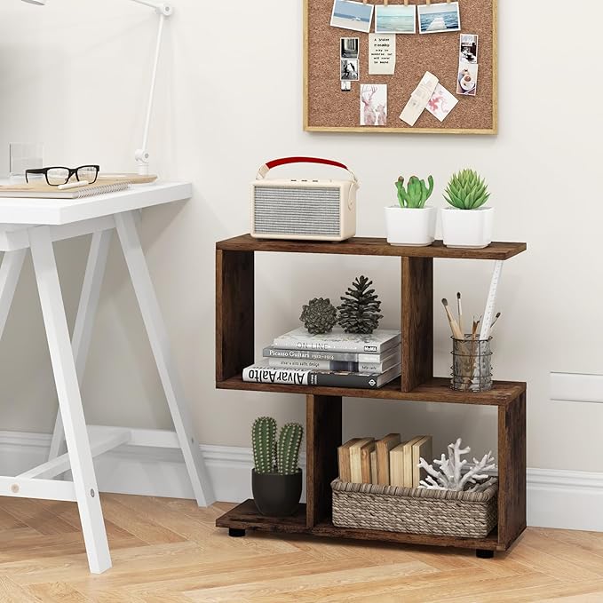 Tangkula 2 Tier Geometric Bookshelf, Freestanding Wood Display Shelf, Home Office Room Divider S Shaped Open Bookcase, Small Bookshelf for Small Spaces, Living Room, Study (Coffee, 1)
