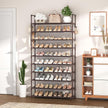 VTRIN 10 Tiers Shoe Rack Tall Large Capacity Wide Shoe Organizer Sturdy Shoe Shelf for Entryway with Two Hooks Metal Shoe Storage for Closet, Bedroom, Brown