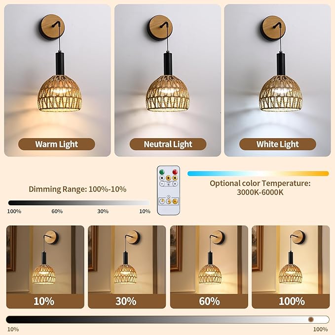 Rattan Wall Sconce, Wall Sconces Set of Two Battery Operated with Remote Control, 3 Colors Dimmable,Boho Upgrade Rechargeable Sconces Set of 2 for Bedroom, Living Room, Entryway (Black)