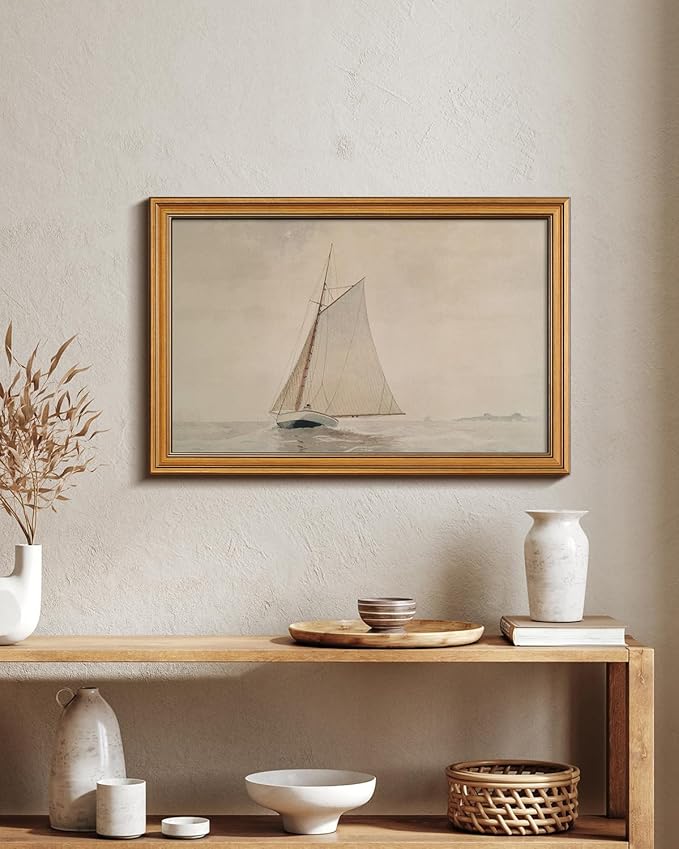 HUARCEY Gold Framed Vintage Wall Art for Living Room, Seaview Painting Prints Shelf Decor for Kitchen, Aesthetic Bedroom Large Wall Art, Gifts for Friends or Family (White Sailboat - 16