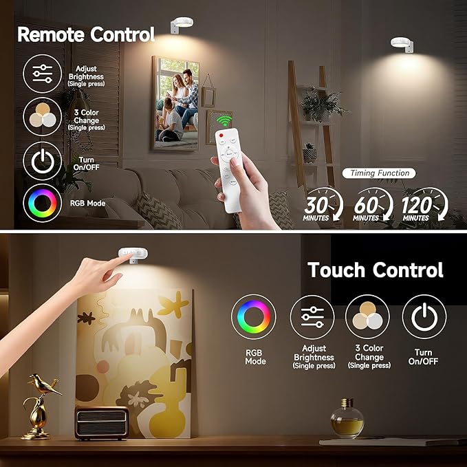 3 Pack Picture Light for Wall with 1200mAh Rechargeable Battery Operated Lights Remote Dimmable Timer Painting Light Magnetic 3 Adjustable Lighting RGB Modes Wall Decor Lights for Living Room(White)