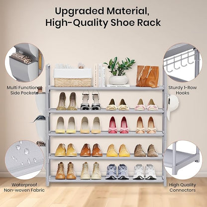 Shoe Rack for Closet Shoe Organizer Space Saver Storage for 20-25 Pair Shoe Shelf with Hook and Side Pocket Free Standing 5 Tier Shoe Rack Organizer for Entryway,Small Spaces, Grey