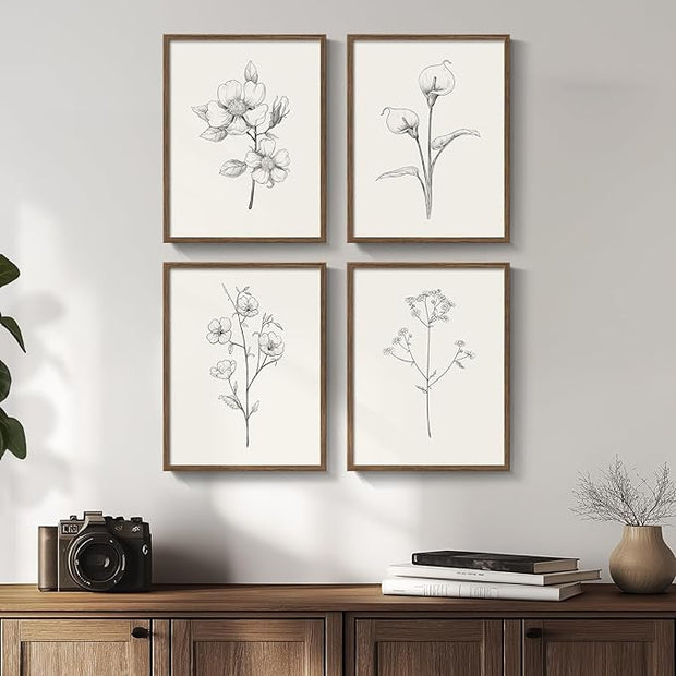 Vintage Floral Wall Art with Walnut Framed, 4 Piece Farmhouse Black and White Botanical Canvas Prints Painting, Rustic Minimalist Flower Pictures for Bedroom Kitchen Bathroom Living Room Home Decor