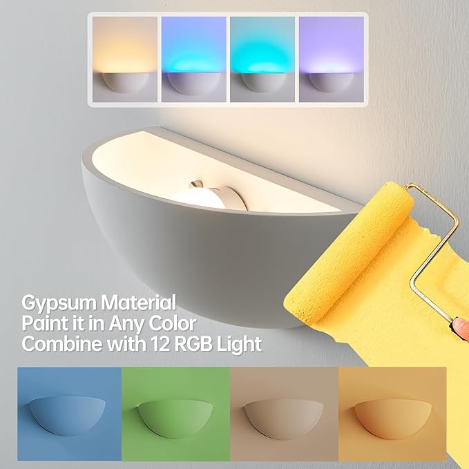 2 Pack Repaintable Battery Operated Wall Sconce, Minimalist Half-Sphere Gypsum Rechargeable Wall Light with 5000mAh Dimmable Magnetic Bulb Remote, 12 RGB Colors Wireless Wall Lamp for Hallway Decor