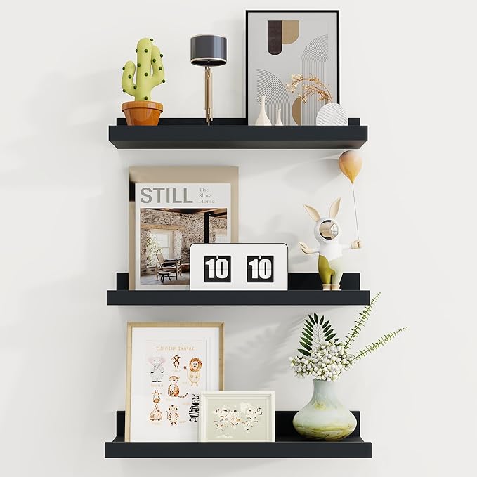 Axeman Picture Ledge Shelf | 16 Inch Black Floating Shelves Set of 3 | Rustic Wood Wall Shelves with Lip | 16