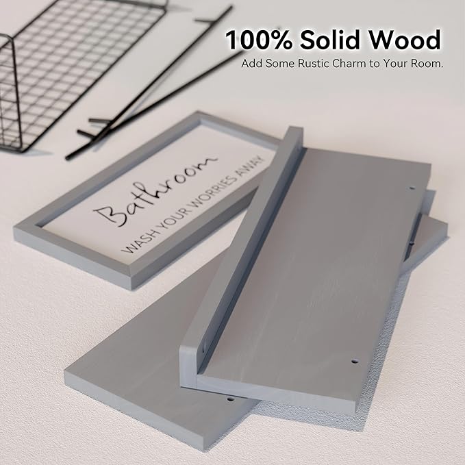 WOPITUES Floating Shelves for Wall Decor Sign, Bathroom Organizers and Storage, Bathroom Shelves Over Toilet with Metal Guardrail-Modern Grey