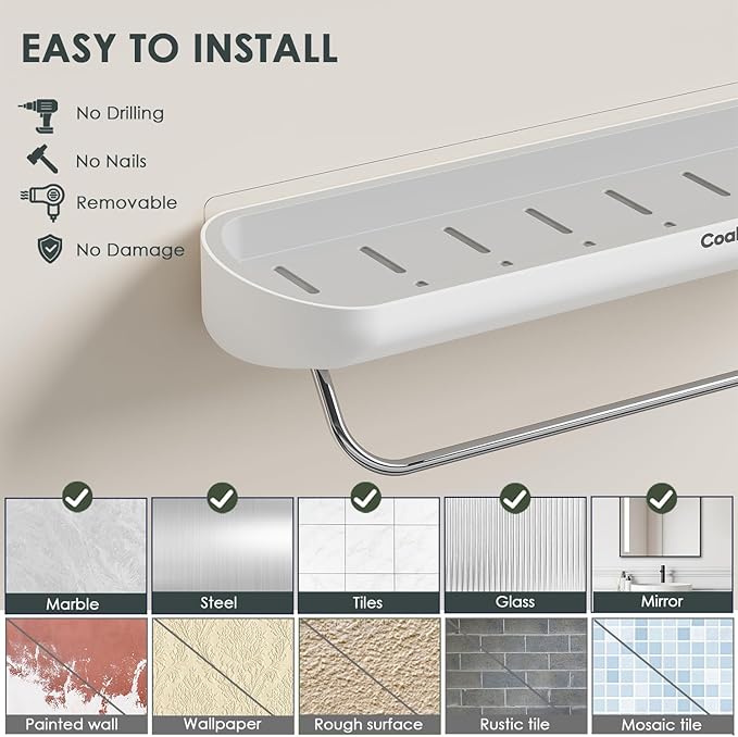 Shower Shelf with Towel Bar- Modern Bathroom Organizers Storage Self Adhesive Strong- Caddy Stick to Wall Mounted Rack- No Drilling Rustproof Plastic Acrylic White- Home Apartment