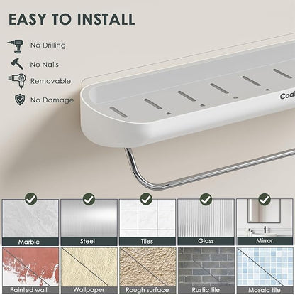 Shower Shelf with Towel Bar- Modern Bathroom Organizers Storage Self Adhesive Strong- Caddy Stick to Wall Mounted Rack- No Drilling Rustproof Plastic Acrylic White- Home Apartment