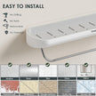 Shower Shelf with Towel Bar- Modern Bathroom Organizers Storage Self Adhesive Strong- Caddy Stick to Wall Mounted Rack- No Drilling Rustproof Plastic Acrylic White- Home Apartment