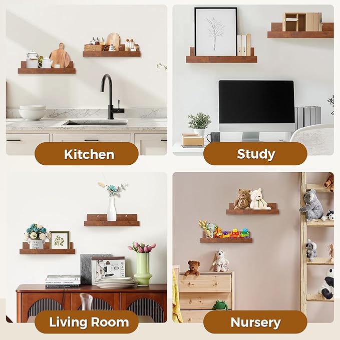 Muzilife 45.3" Large Floating Wall Ledge Shelves with Lip - Set of 2 Rustic Wood Floating Shelves - Honey Brown Wall Mounted Picture Ledge for Office, Bathroom, Bedroom, Living Room, Kitchen